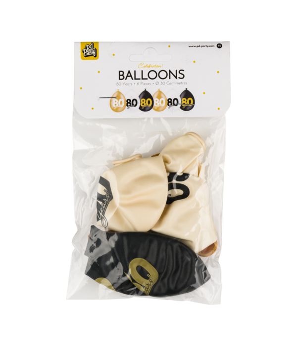 Ballonnen Celebration 80 Jaar Wit/Goud/Zwart (6st)