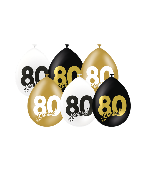 Ballonnen Celebration 80 Jaar Wit/Goud/Zwart (6st)