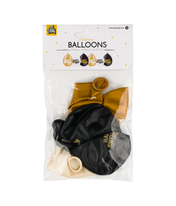 Ballonnen Celebration Happy Birthday Wit/Goud/Zwart (6st)