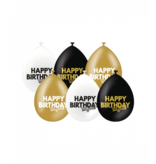 Ballonnen Celebration Happy Birthday Wit/Goud/Zwart (6st)