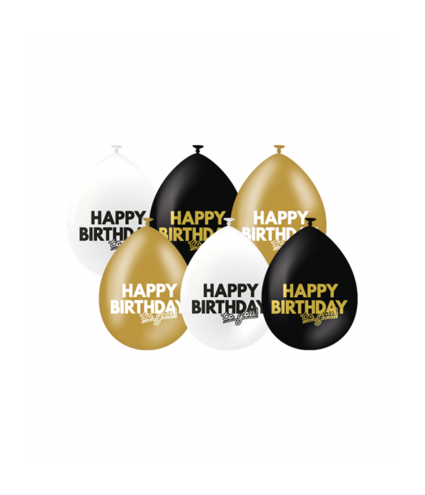 Ballonnen Celebration Happy Birthday Wit/Goud/Zwart (6st)