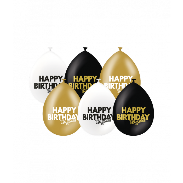 Ballonnen Celebration Happy Birthday Wit/Goud/Zwart (6st)