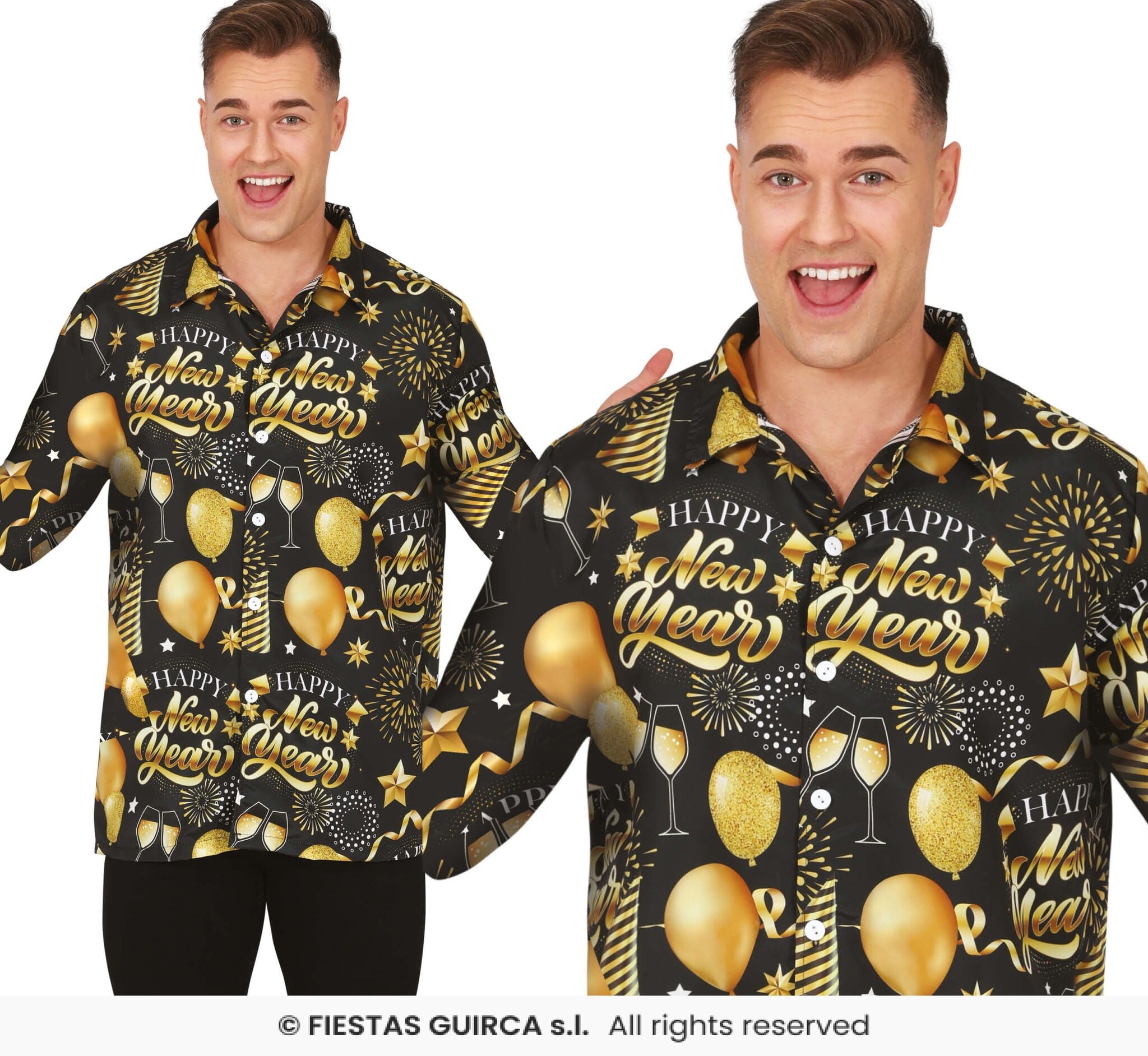 Fiestas Guirca - Happy New Year shirt heren - maat M - zwart/ goud - 1 stuks