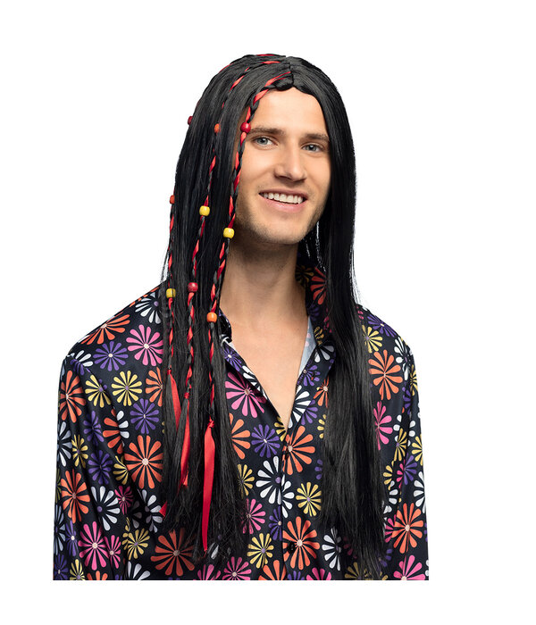 Flower Power Pruik Zwart Met Kralen Fern