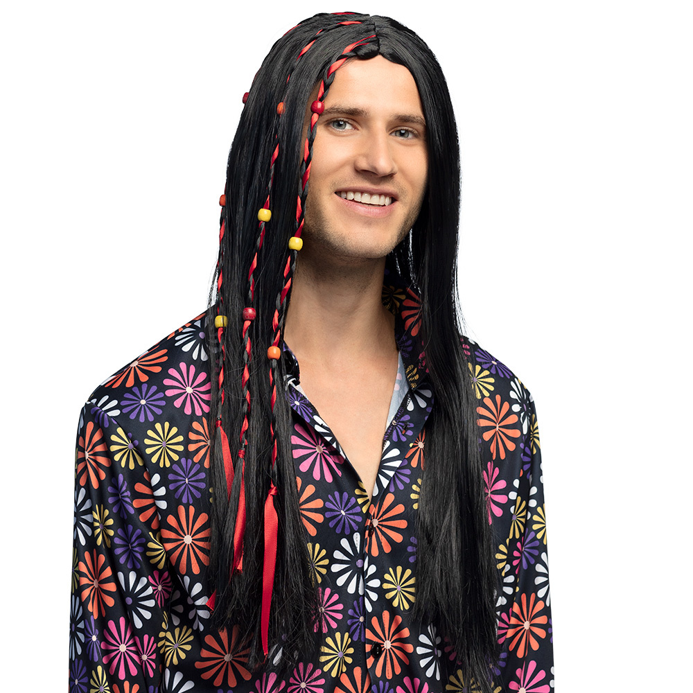 Flower Power Pruik Zwart Met Kralen Fern afbeelding