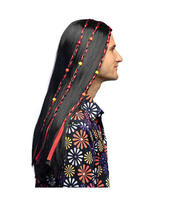 Flower Power Pruik Zwart Met Kralen Fern