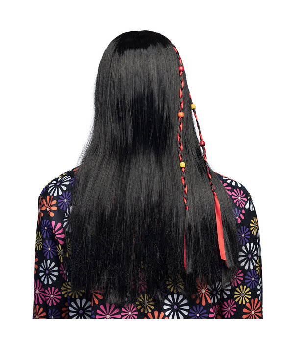 Flower Power Pruik Zwart Met Kralen Fern