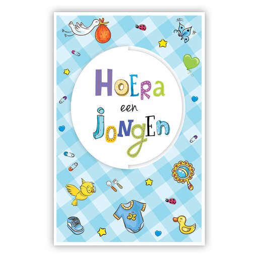 Wenskaart Hoera Een Jongen Blauw Gestanst