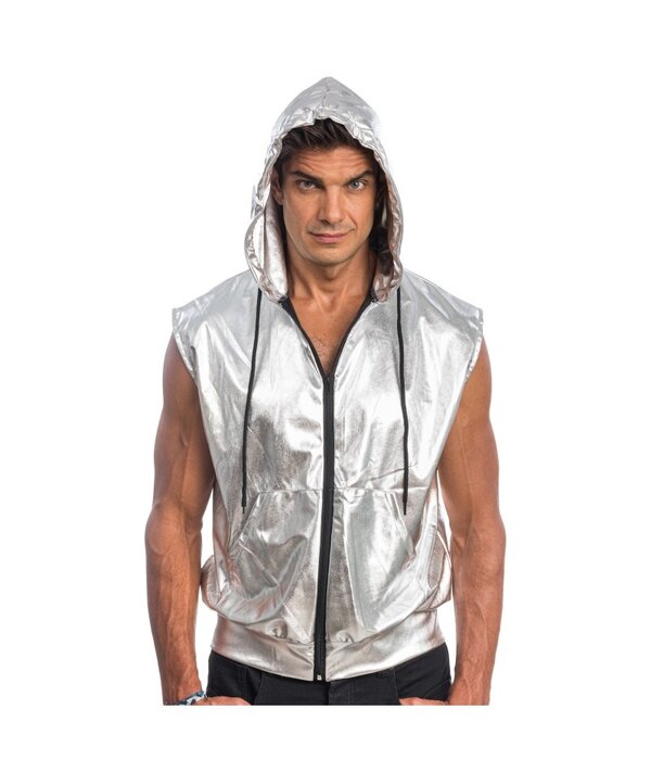 Zilveren Mouwloze Jas Met Capuchon