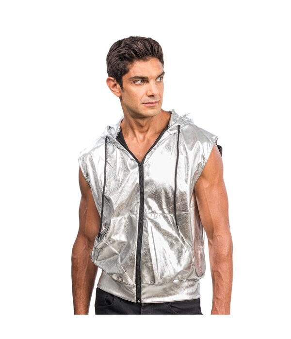 Zilveren Mouwloze Jas Met Capuchon