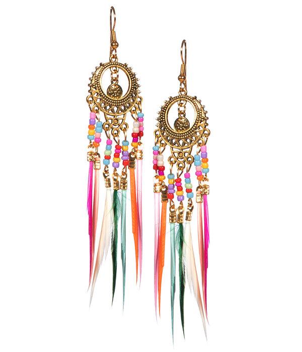Oorbellen hippie veertjes multicolor
