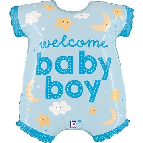 Folieballon 'Welcome Baby Boy' Rompertje Blauw (66cm) afbeelding