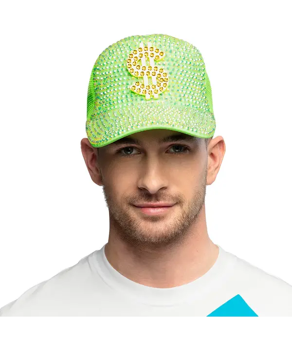 Neon Groene Dollar Pet met Strass