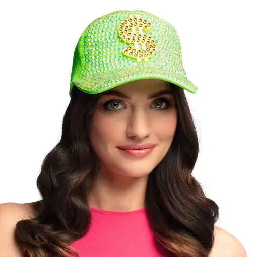 Neon Groene Dollar Pet met Strass
