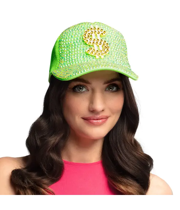 Neon Groene Dollar Pet met Strass
