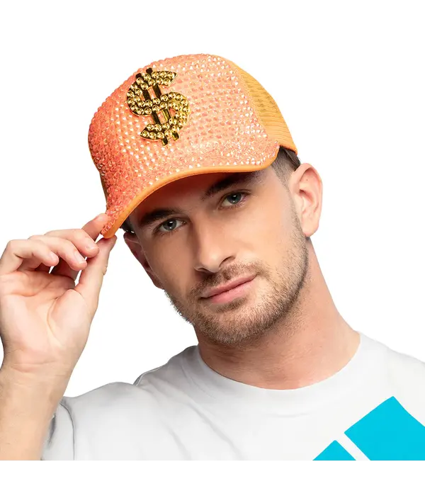 Neon Oranje Dollar Pet met Strass
