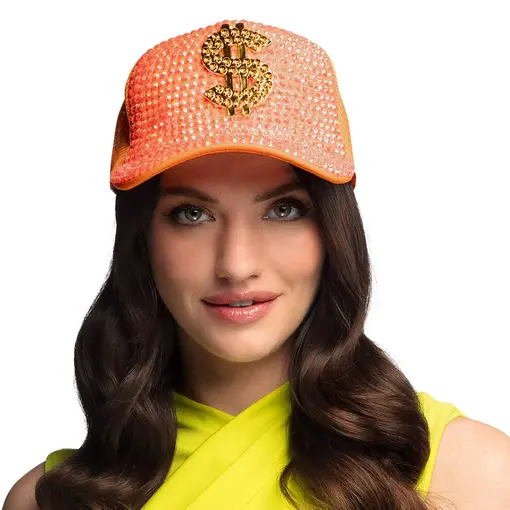 Neon Oranje Dollar Pet met Strass