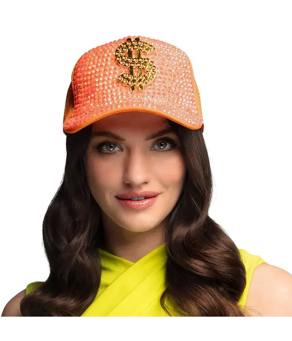 Neon Oranje Dollar Pet met Strass
