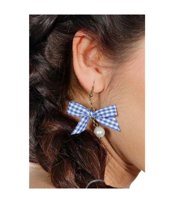 Oorbellen Dirndl Parel Met Geruit Strikje Blauw