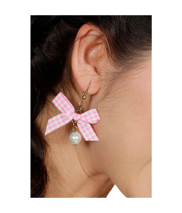 Oorbellen Dirndl Parel Met Geruit Strikje Roze