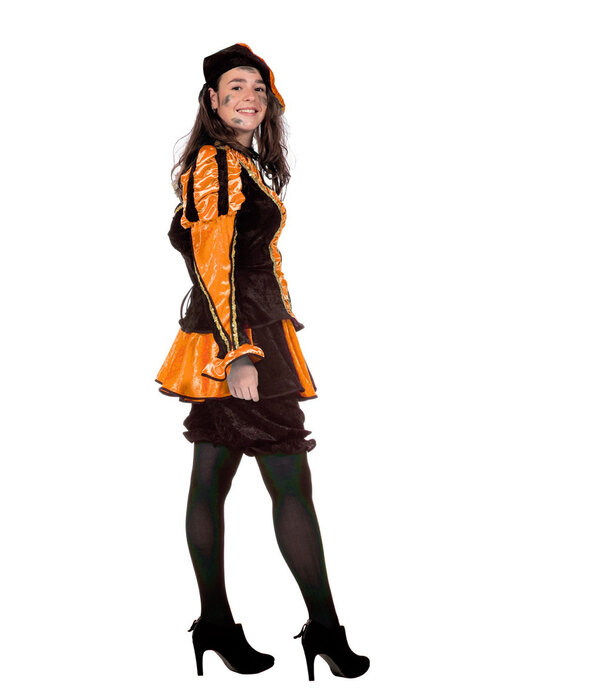 Dames pietenpak oranje/zwart luxe