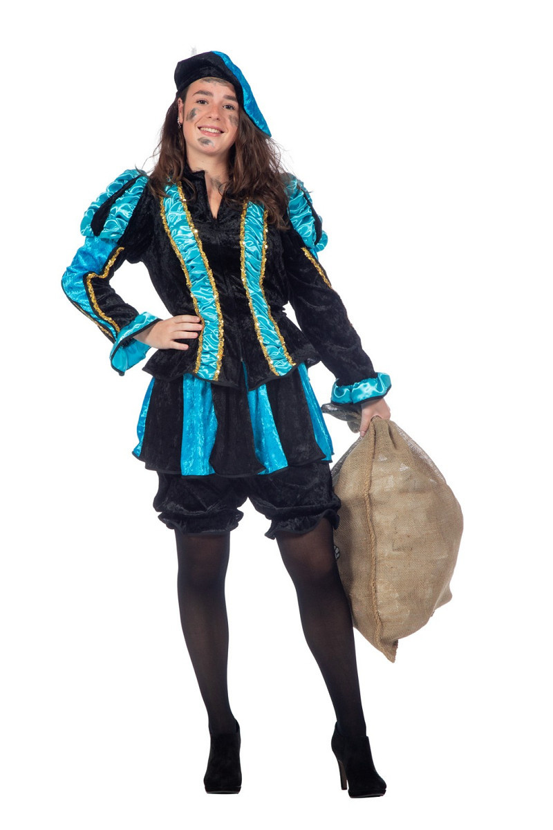 Pieten pak dames aqua/zwart luxe