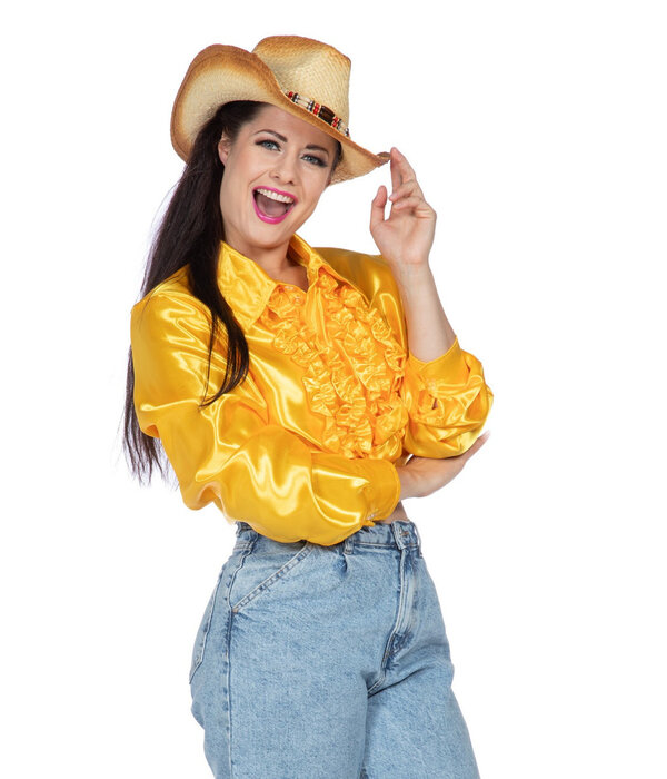 Ruchesblouse satijn geel