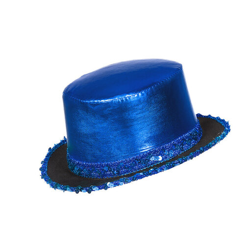 Hoge hoed lamee met paillettenband blauw