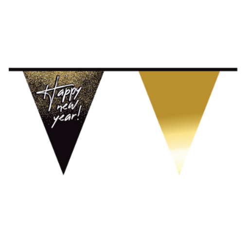 Vlaggenlijn Happy New Year Zwart/Goud (10m)