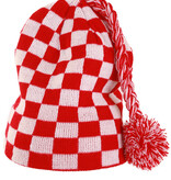 Gebreide Muts Geblokt rood/wit met flosje