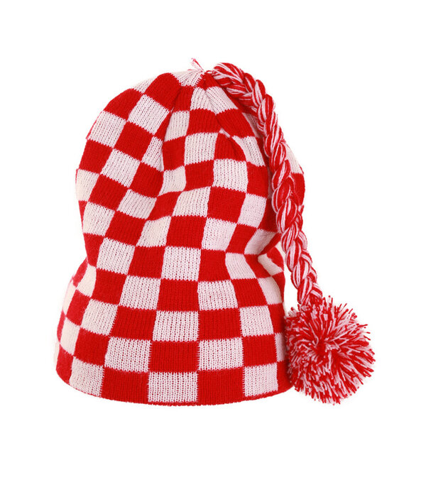 Gebreide Muts Geblokt rood/wit met flosje