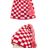 Gebreide Muts Geblokt rood/wit met flosje
