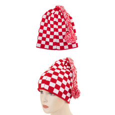 Gebreide Muts Geblokt rood/wit met flosje