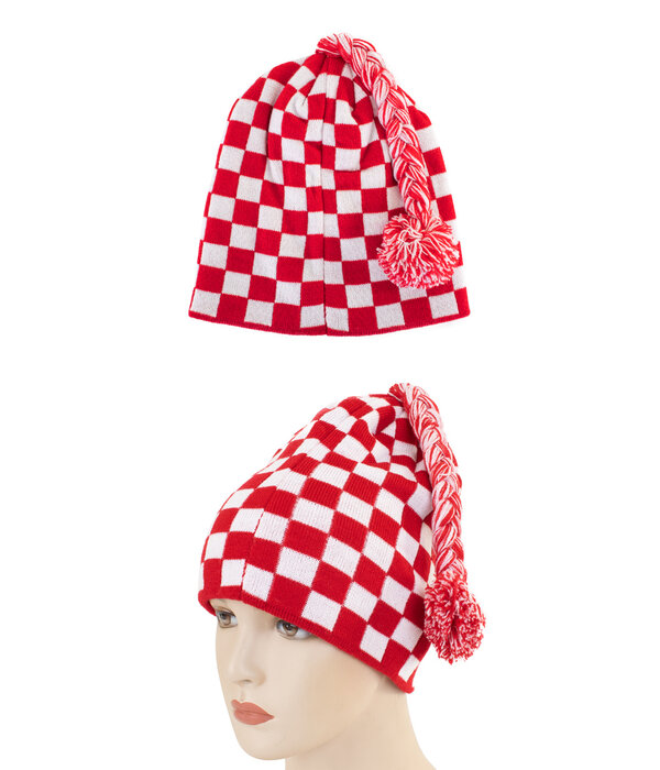 Gebreide Muts Geblokt rood/wit met flosje