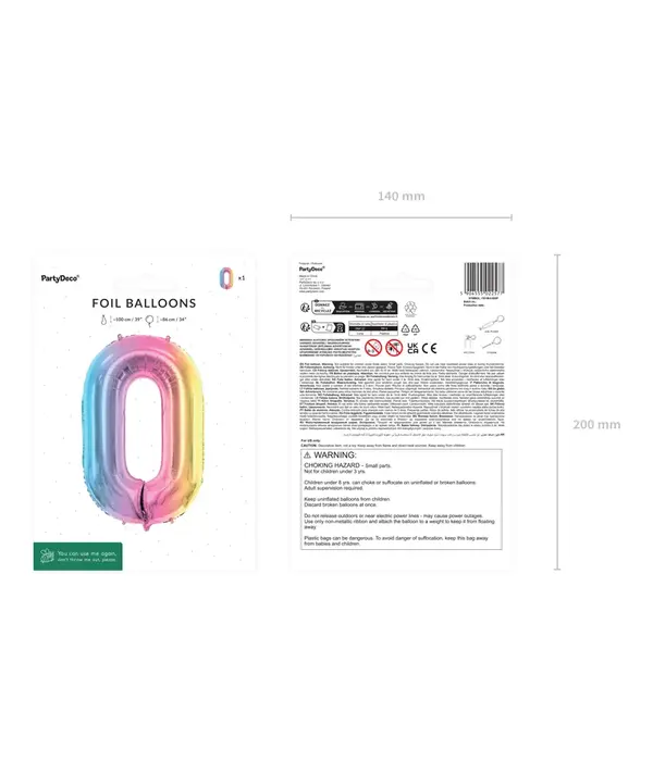 stel Regenboog Folieballon Cijfer 0 (86cm)