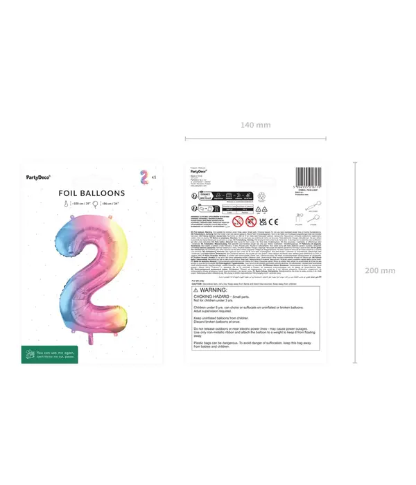 Pastel Regenboog Folieballon Cijfer 2 (86cm)