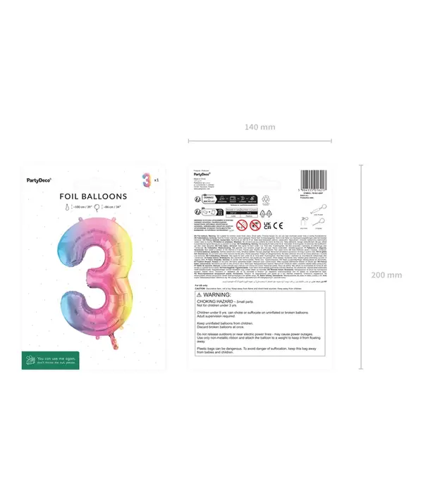 Pastel Regenboog Folieballon Cijfer 3 (86cm)