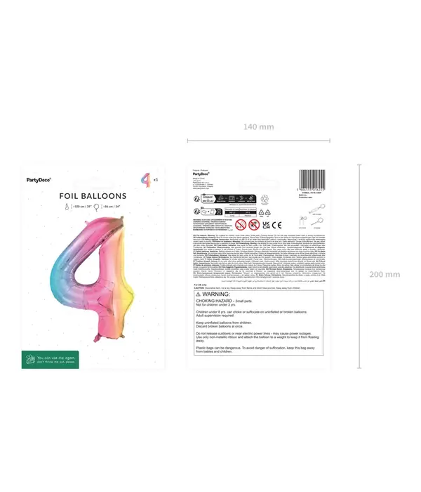 Pastel Regenboog Folieballon Cijfer 4 (86cm)