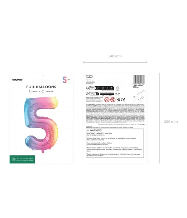 Pastel Regenboog Folieballon Cijfer 5 (86cm)