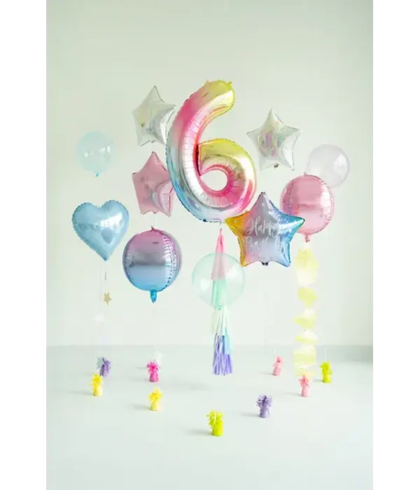 Pastel Regenboog Folieballon Cijfer 6 (86cm)