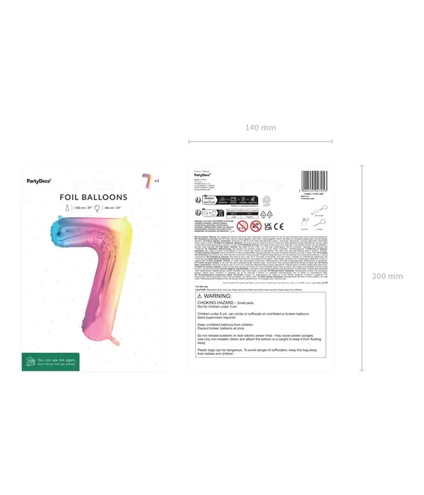 Pastel Regenboog Folieballon Cijfer 7 (86cm)