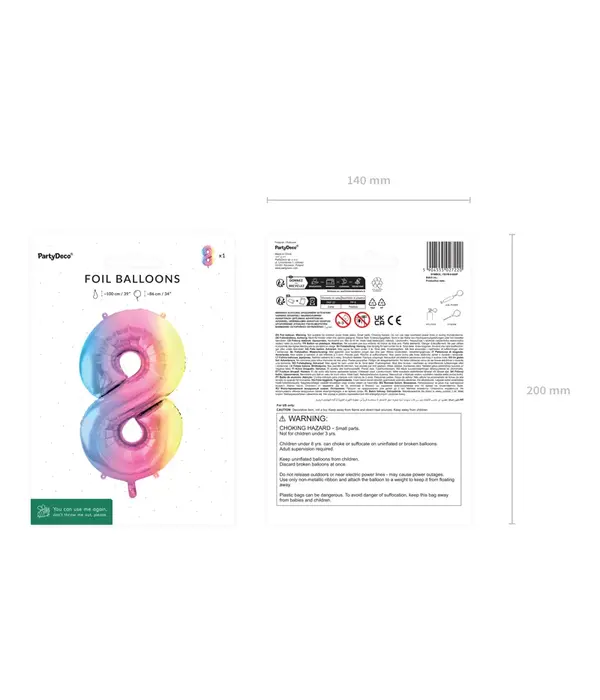 Pastel Regenboog Folieballon Cijfer 8 (86cm)