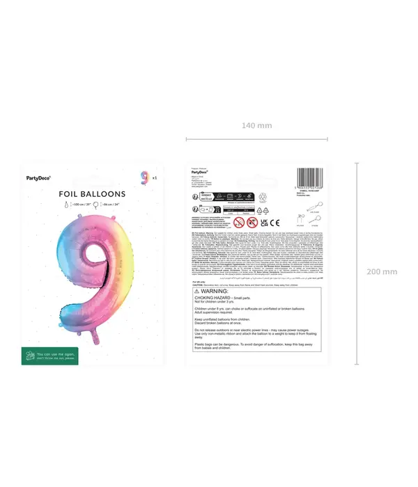 Pastel Regenboog Folieballon Cijfer 9 (86cm)