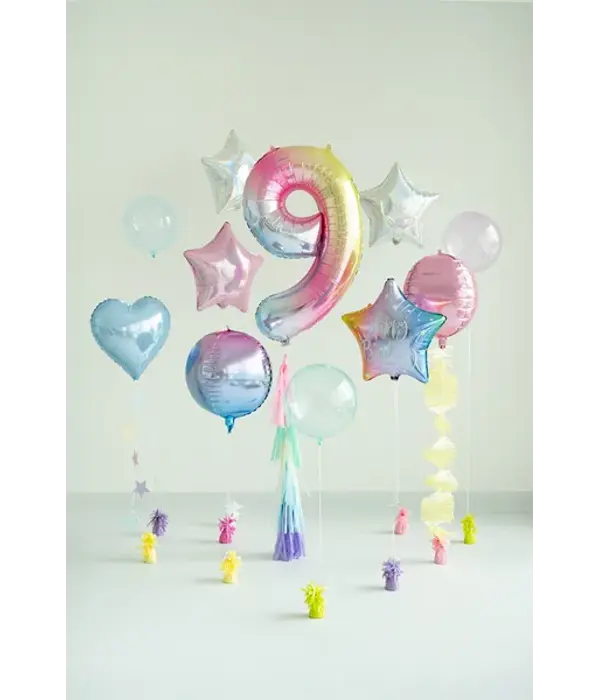 Pastel Regenboog Folieballon Cijfer 9 (86cm)