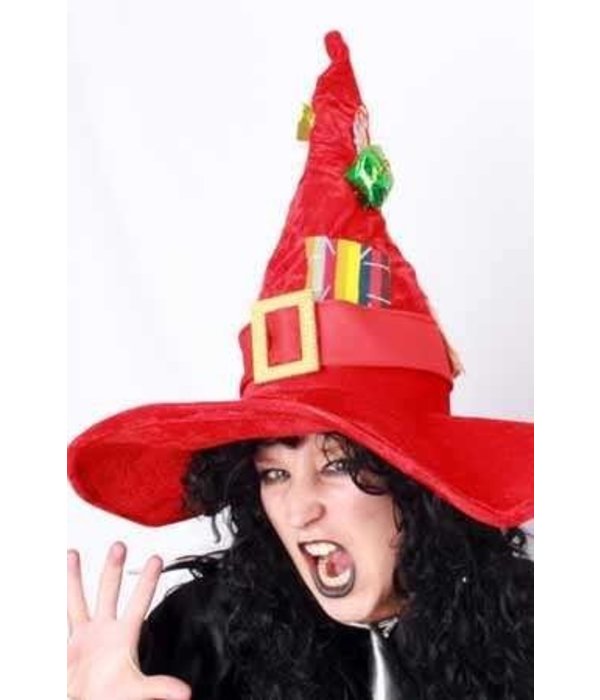 Heksenhoed luxe rood met decoratie