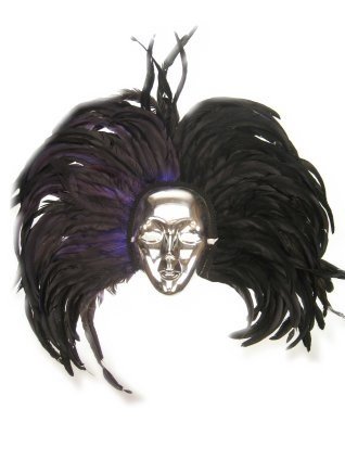 Masker zilver met hoofdtooi veren zwart/paars