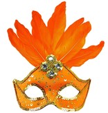 Oogmasker met veren en parels neon oranje
