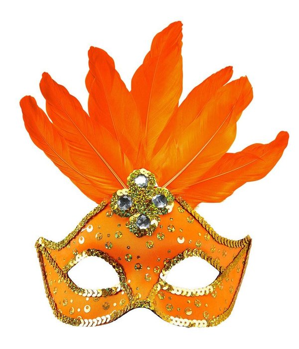 Oogmasker met veren en parels neon oranje