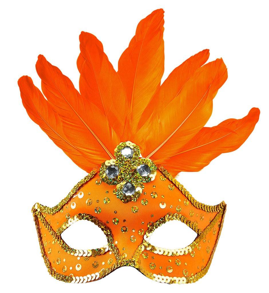 Oogmasker met veren en parels neon oranje afbeelding