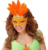 Oogmasker met veren en parels neon oranje